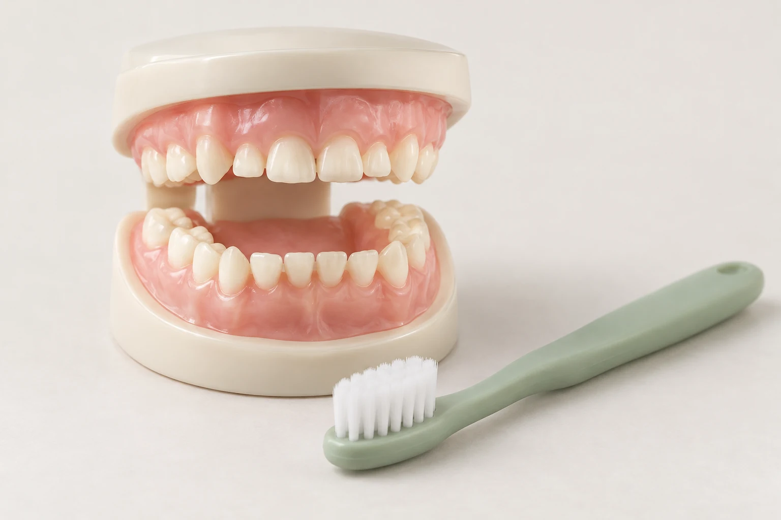 Illustrative primary-teeth model and a child-sized toothbrush