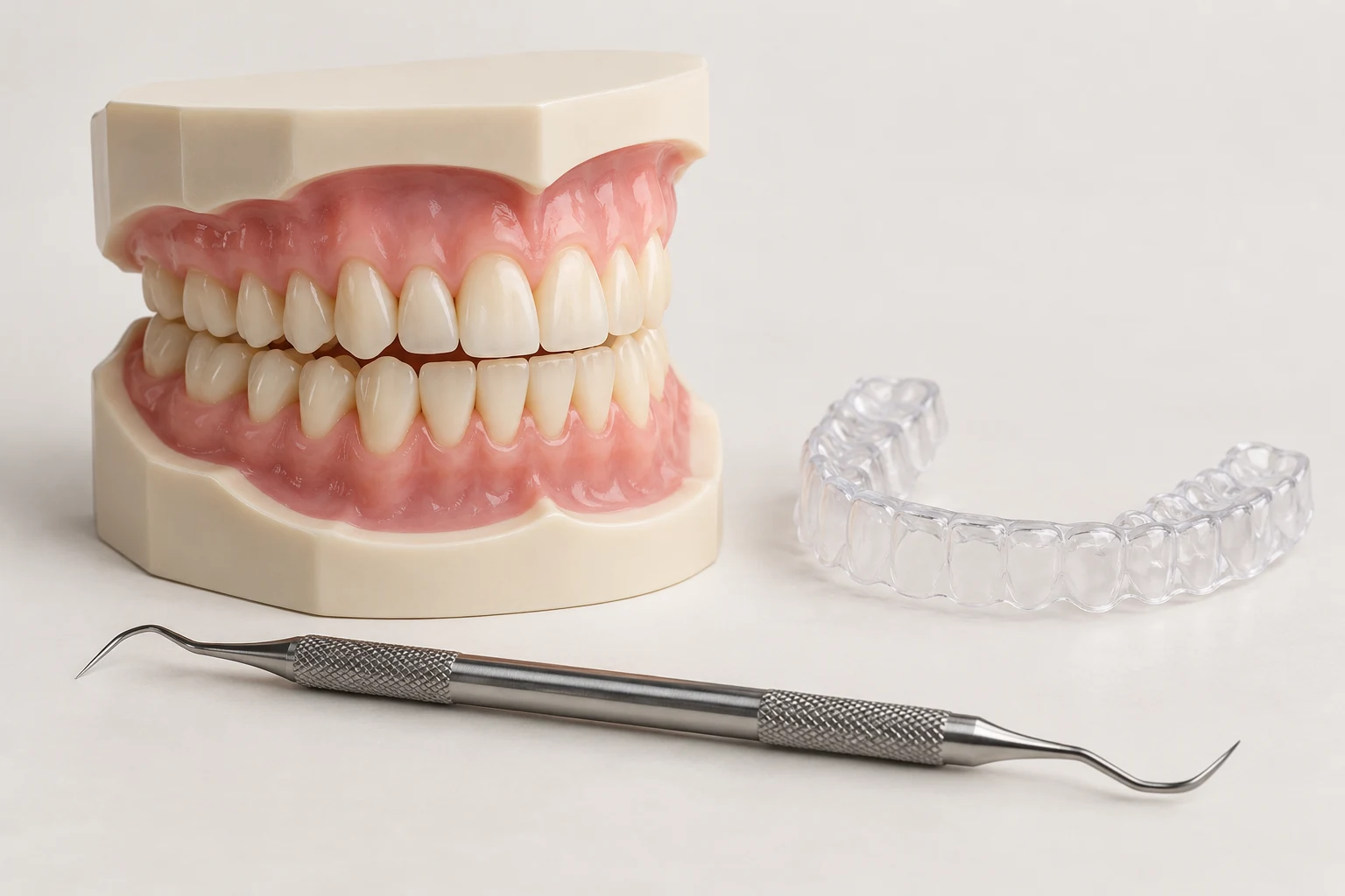 Illustrative dental model with a whitening tray and cleaning instrument