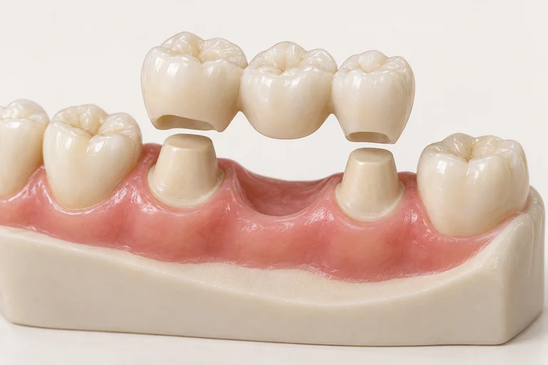 Illustrative three-unit dental bridge above prepared tooth models
