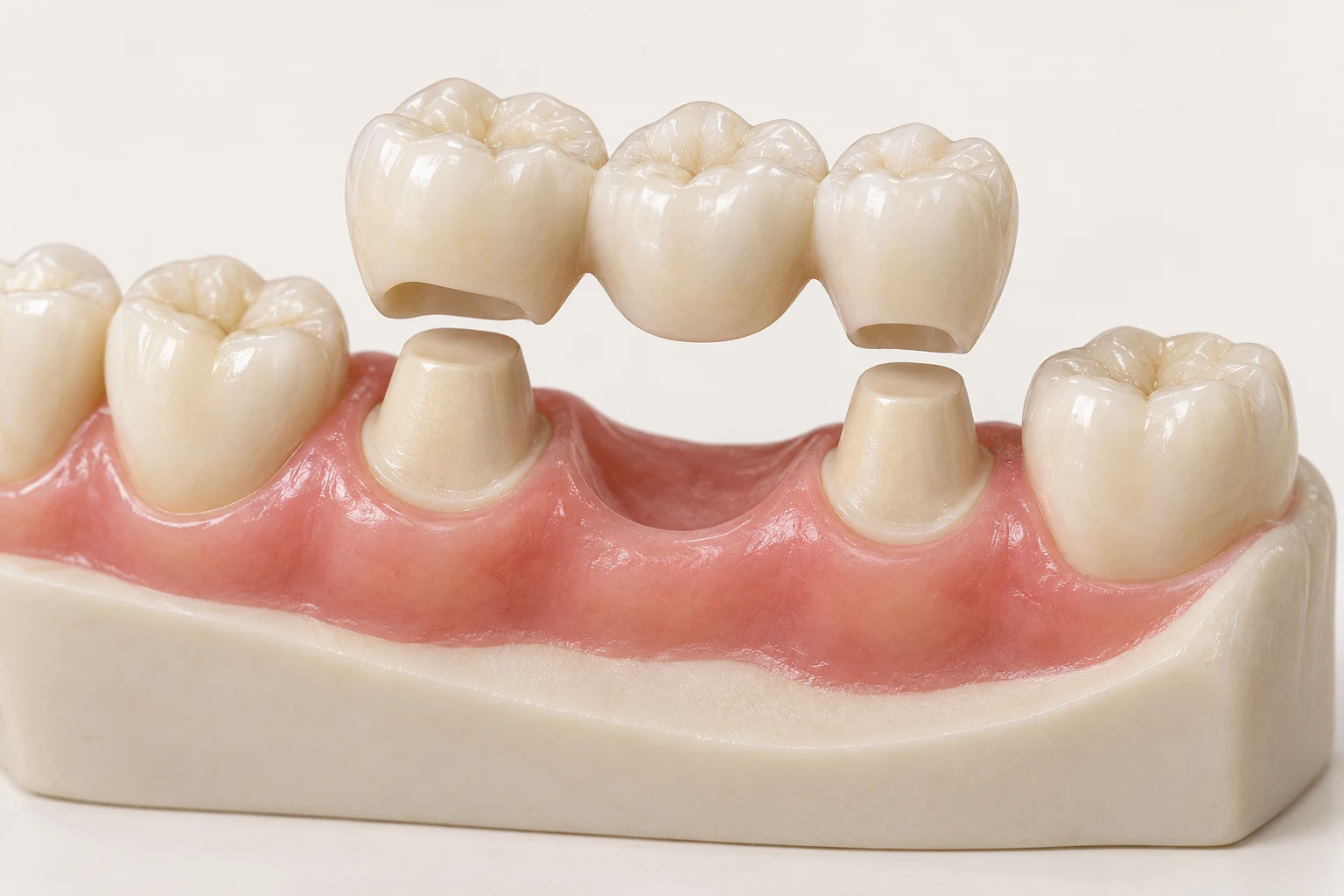 Illustrative three-unit dental bridge above prepared tooth models
