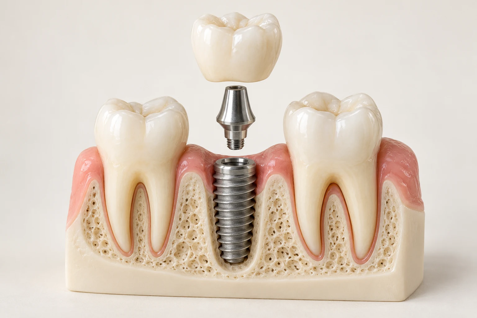 Illustrative implant model showing the screw, abutment and crown