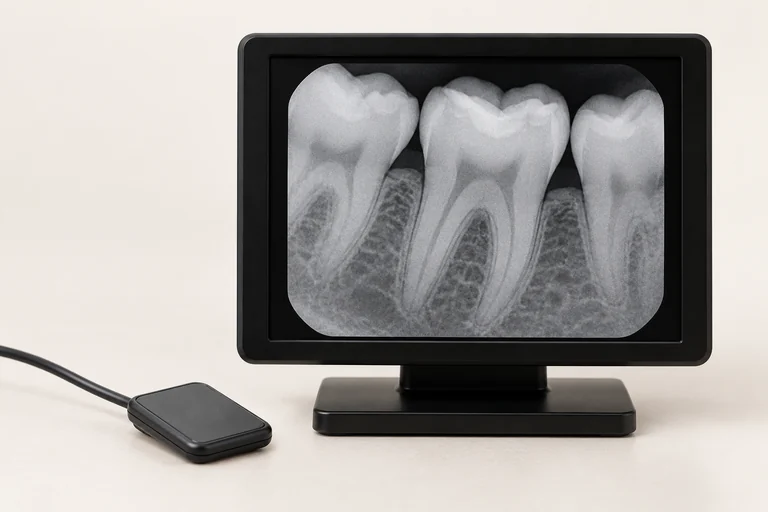 Illustrative digital dental X-ray display and intraoral sensor
