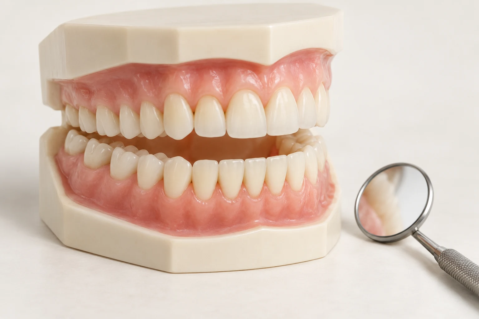 Illustrative dental examination model with a dental mirror