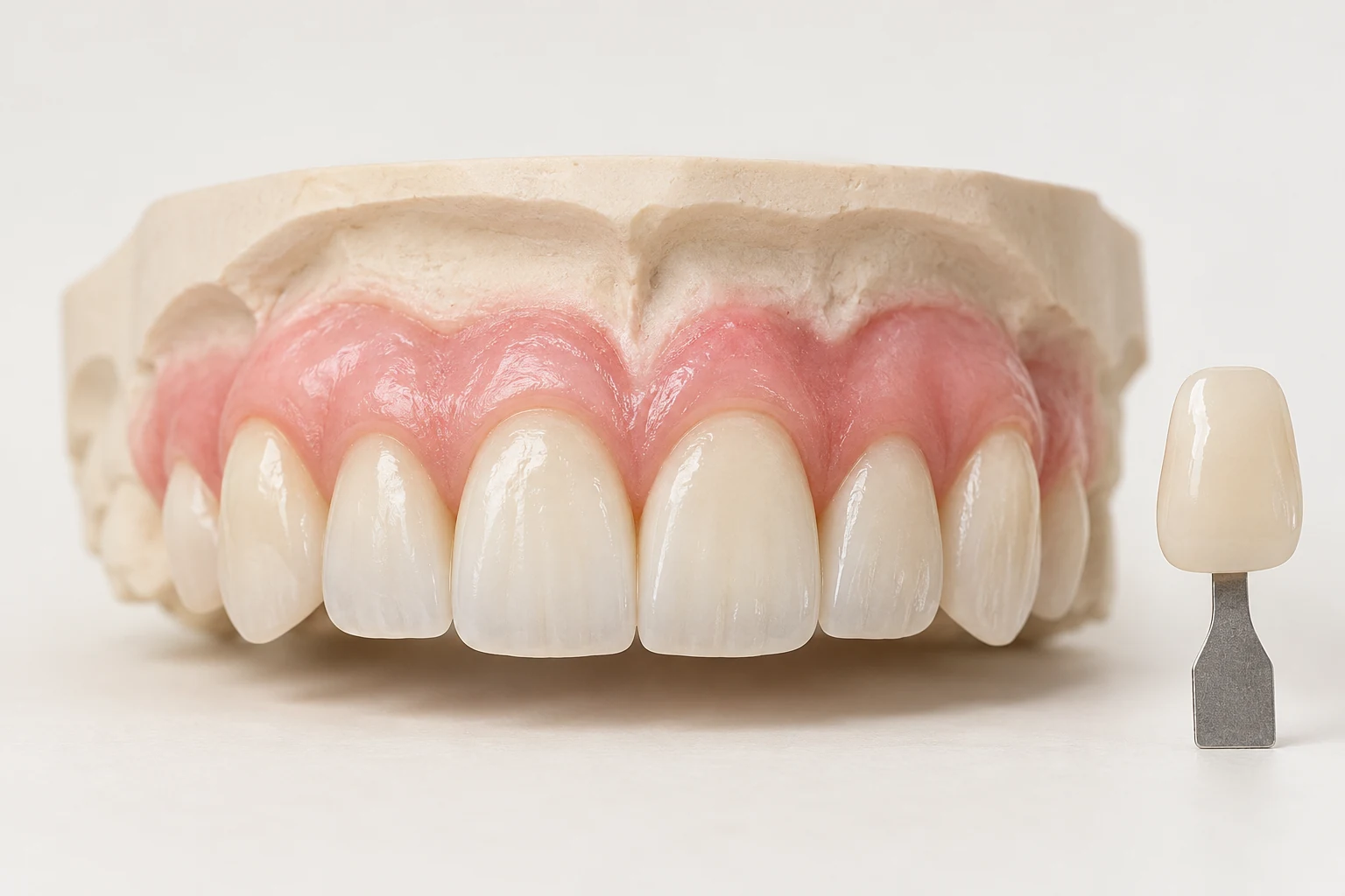 Illustrative ceramic smile-planning model with a tooth shade sample